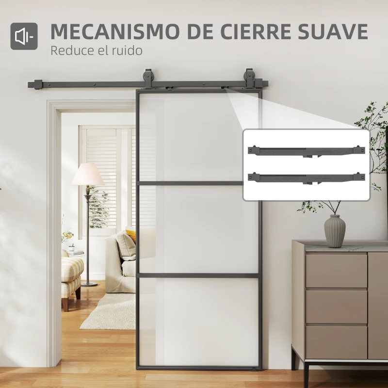 HOMCOM Puerta Corredera de Cristal con Herrajes Mecanismo Cierre Suave para Baño Salón 91,4x203,2 cm Negro