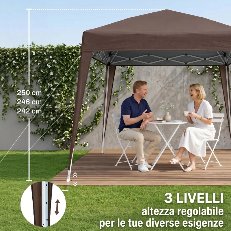 Outsunny Gazebo Pieghevole da Giardino 2.4x2.4m con Struttura in Acciaio e Corde Antivento, Caffè
