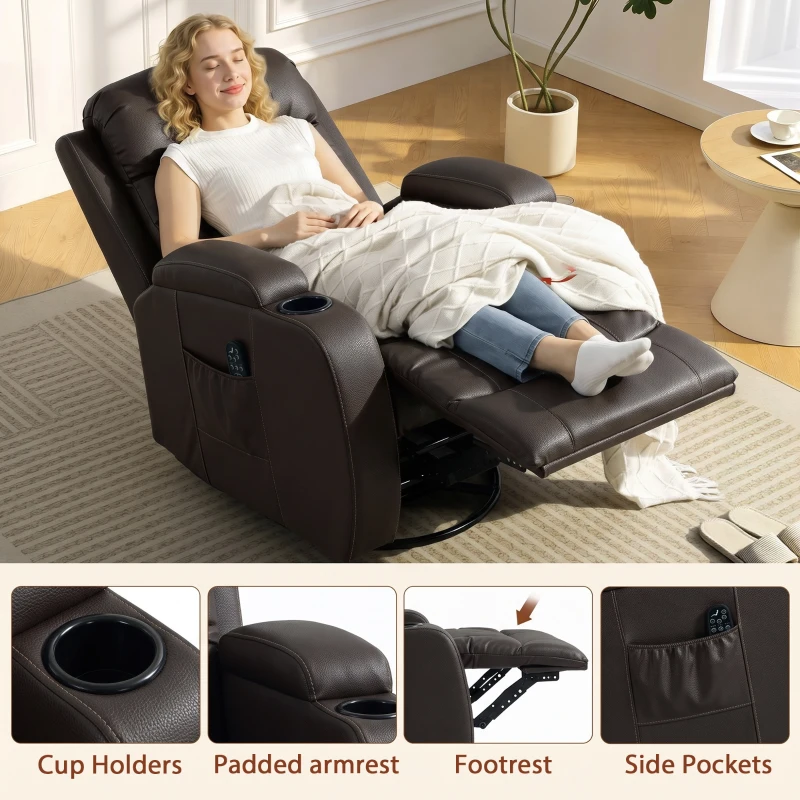 HOMCOM PU Leather Recliner Chair, Recliner Armchair with Extended Footrest, Cup Holders and Side Pockets, Dark Brown