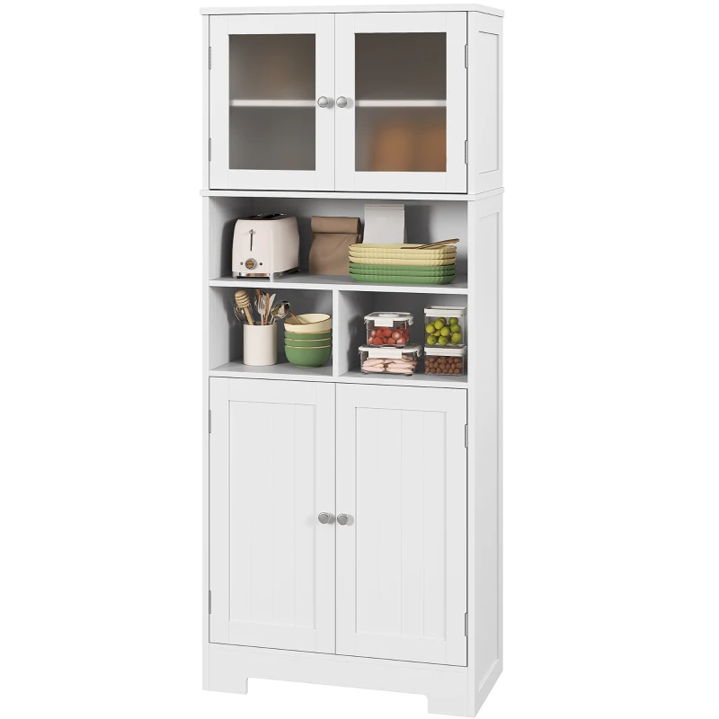 HOMCOM Alacena Alta con Armarios y Estantes Abiertos Puertas de Cristal Estantes Ajustables y Sistema Antivuelco 60x30x145,5 cm