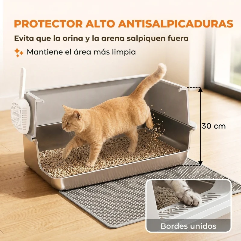PawHut Arenero para Gatos de Acero Inoxidable XL con Borde Alto Pala Cepillo y Gancho Gris Claro