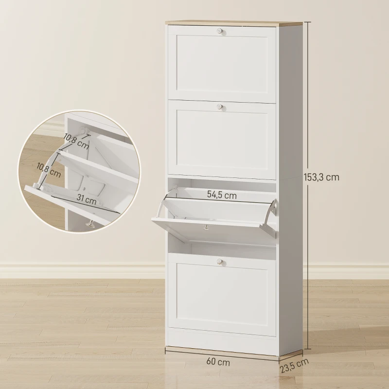 HOMCOM Meuble à chaussures 24 paires, armoire à chaussures avec 4 tiroirs rabattables, étagères réglables, 60x23,5x153cm, blanc