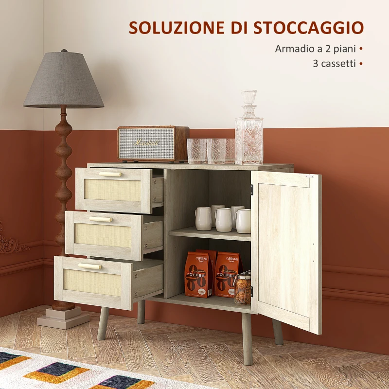HOMCOM Mobile Multiuso Stile Boho con Armadietto e 3 Cassetti in Legno e Rattan, 80x36x75cm, Rovere