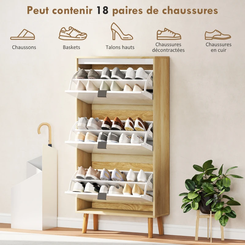 HOMCOM Meuble à chaussures, armoire à chaussures étroite, 3 tiroirs rabattables, porte haute brillante, 60x24x127cm, blanc