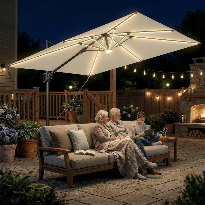 Outsunny 3 x 3 m Garden Cantilever Parasol w/ Light, Cover, UPF50+ Patio Umbrella w/ Wind Protection, 360° Rotation, Cream White