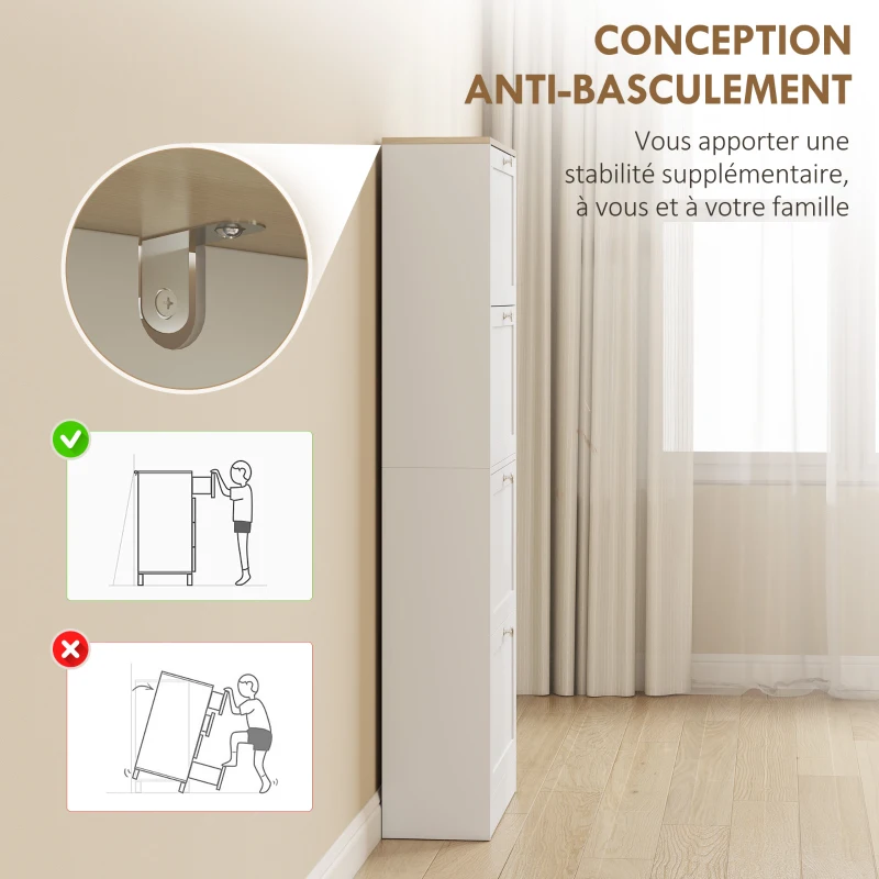 HOMCOM Meuble à chaussures 24 paires, armoire à chaussures avec 4 tiroirs rabattables, étagères réglables, 60x23,5x153cm, blanc