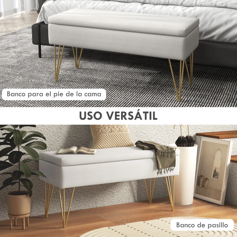 HOMCOM Banco Pie de Cama Tapizado en Lino Sintético con Patas de Acero y Asiento Acolchado Crema