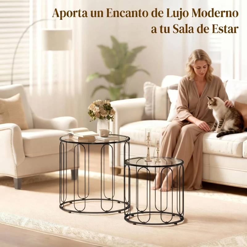 HOMCOM Conjunto de 2 Mesas Auxiliares Tipo Nido con Estructura de Metal y Encimera de Cristal Ø50x50 cm y Ø40x40 cm Negro
