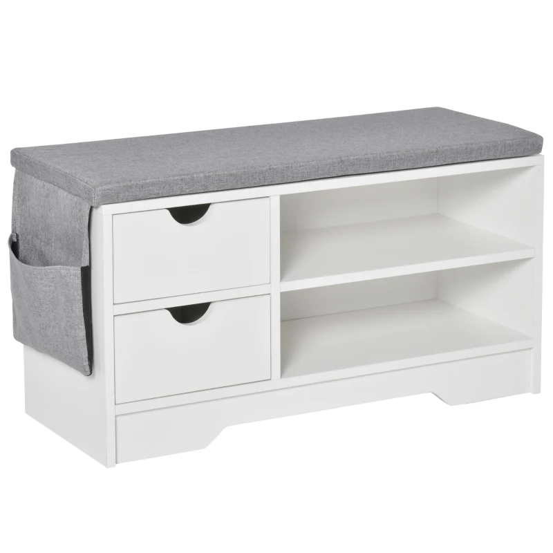 HOMCOM Banco Zapatero con Asiento Estantes y 2 Cajones Capacidad para 4 Pares de Zapatos 80,5x30,5x43,5 cm Blanco y Gris