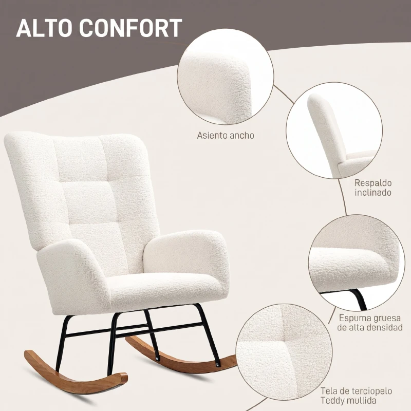 HOMCOM Silla Mecedora Tapizado de Terciopelo Teddy con Reposabrazos Acolchado Grueso Patas de Madera Crema