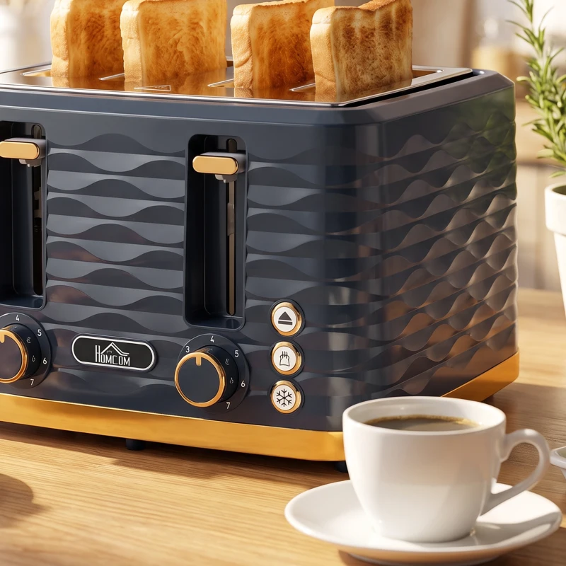 HOMCOM Toaster, Toaster 4 Slice with 7 Browning Levels, High Lift, Reheat/Defrost/Cancel, Dark Blue
