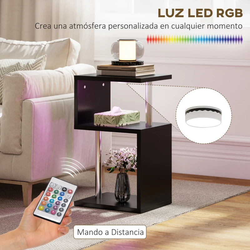 HOMCOM Mesa Auxiliar con Luz LED de 3 Niveles con Estantes y Estructura de Aluminio para Salón Dormitorio 44x38x75 cm Negro