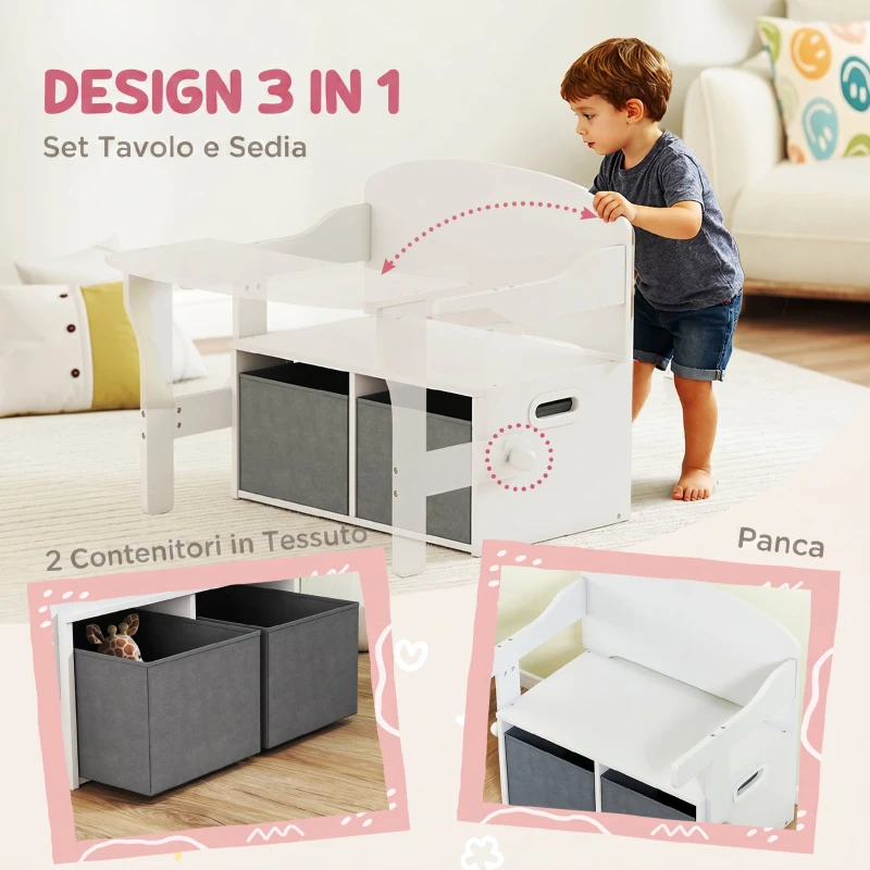 AIYAPLAY 3 in 1 Panca Porta Giochi per Bambini 3-6 Anni, Convertibile in Tavolo e Sedia con 2 Contenitori, Bianco