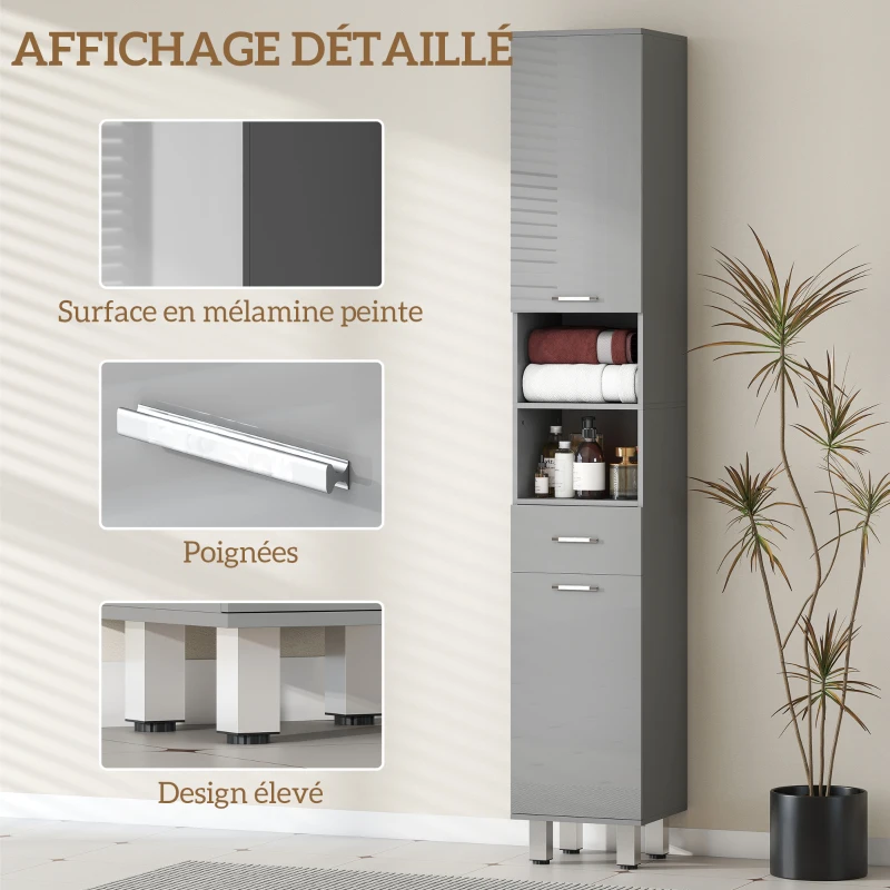 HOMCOM Meuble colonne salle de bain avec étagères réglables et compartiments ouverts, 30x30x180cm, gris brillant