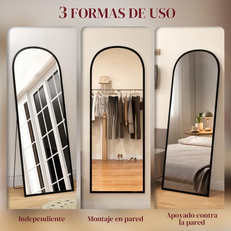 HOMCOM Espejo de Pie Cuerpo Entero de Aleación de Aluminio Espejo de Pared con 2 Formas de Uso Arqueado 60x1,5x165 cm Negro