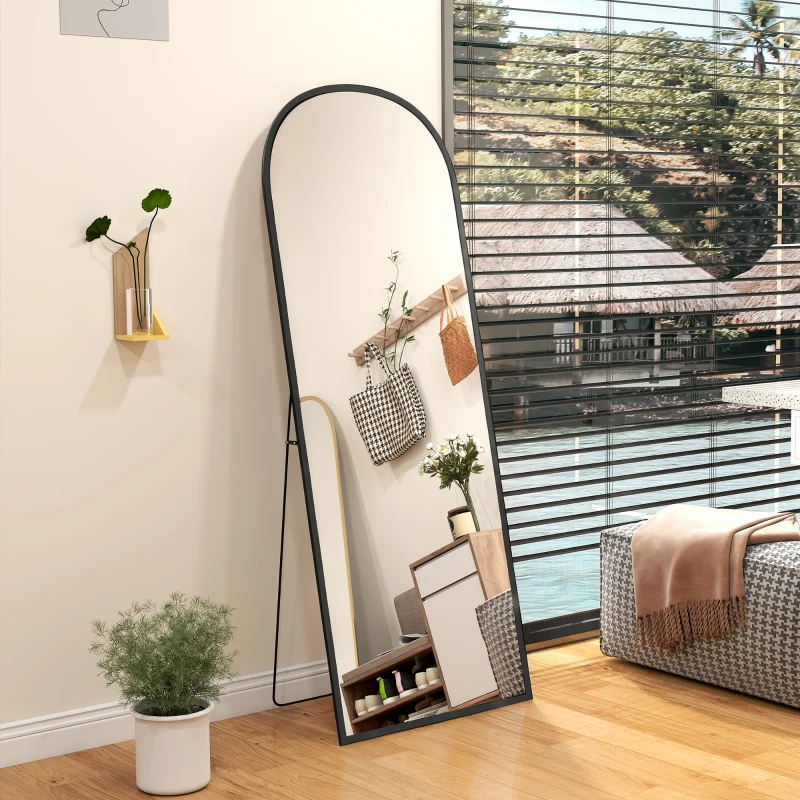 HOMCOM Espejo de Pie Cuerpo Entero de Aleación de Aluminio Espejo de Pared con 2 Formas de Uso Arqueado 60x1,5x165 cm Negro