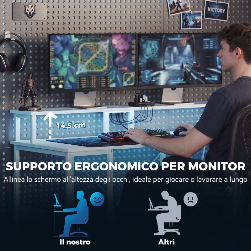 HOMCOM Scrivania per Computer Reversibile Ripiani, con Prese Elettriche e Luci LED, 120x50 cm, Bianco