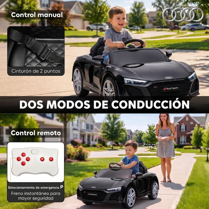 AIYAPLAY Coche Eléctrico para Niños Audi R8 Spyder 12 V con Mando 2,4G 2 Motores Arranque Suave y Suspensión Trasera Negro