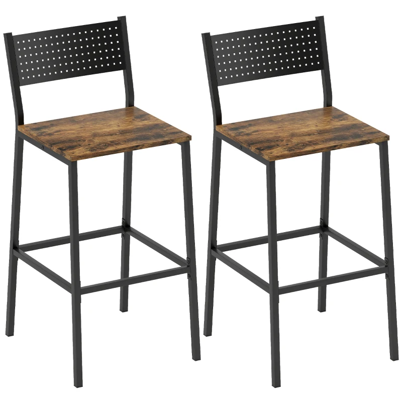 HOMCOM Lot de 2 tabourets de bar, chaises de bar, assise 72,5H cm, dossier et repose-pieds, pieds en métal, brun rustique
