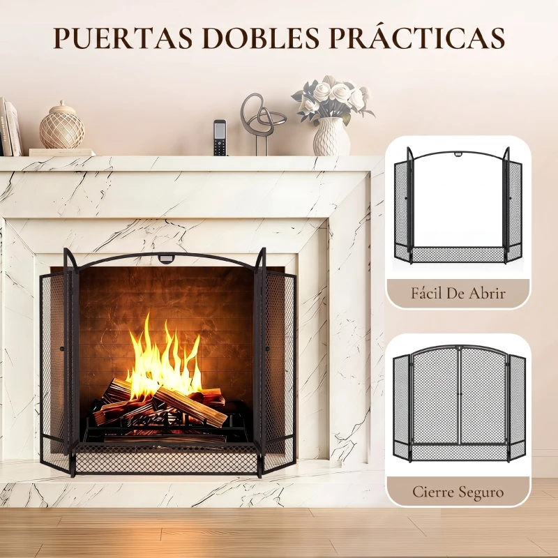 HOMCOM Salvachispas para Chimenea Plegable de 3 Paneles de Metal con Doble Puerta para Hogar 122x75 cm Negro