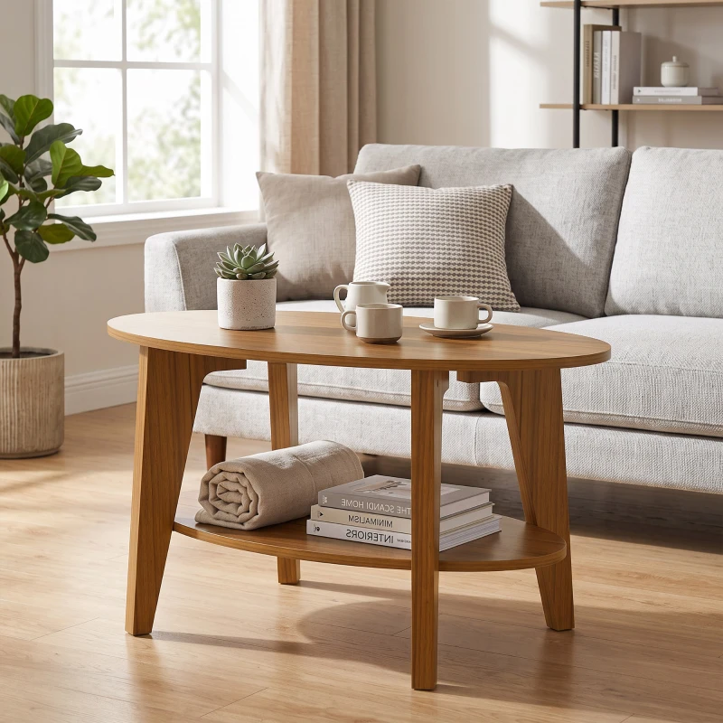 HOMCOM Masă de cafea ovală cu 2 nivele, masă de living modernă cu raft inferior deschis, 80 x 50 x 45 cm, Stejar