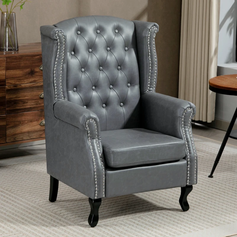HOMCOM Wingback Accent Chair Tufted Chesterfield-style Armchair with Nail Head Trim for Living Room Bedroom Grey
