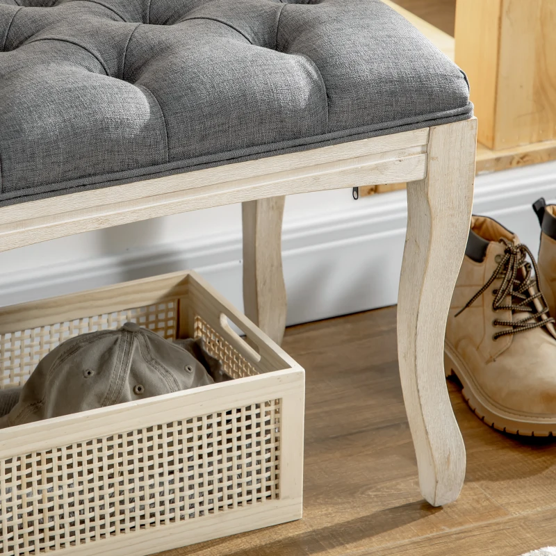 HOMCOM Banc Banquette capitonnée Style Classique 110 cm Bout de lit Rembourrée en lin piètement Bois hévéa sculpté Lin Gris