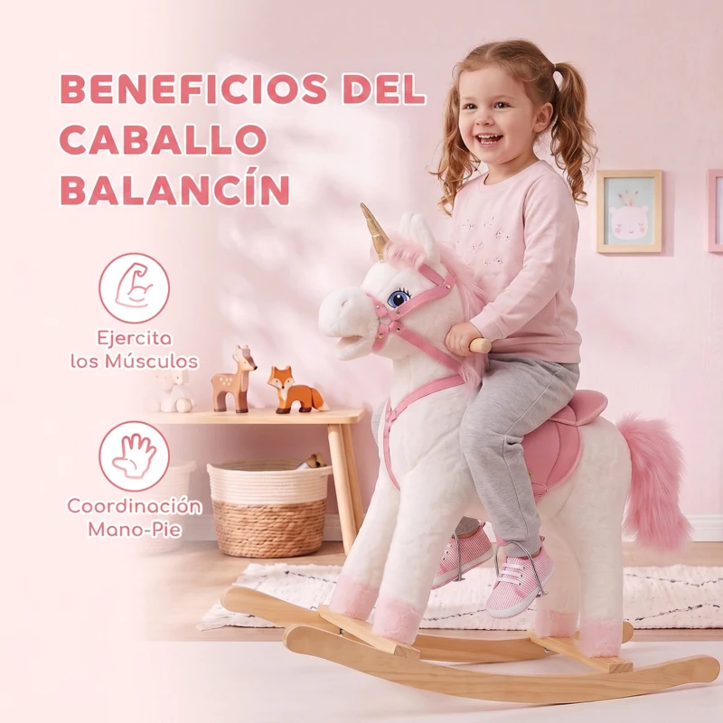AIYAPLAY Caballito Balancín para Bebés Unicornio Sonidos de Cascos y Relinchos Boca y Cola Móviles 1-3 Años Blanco