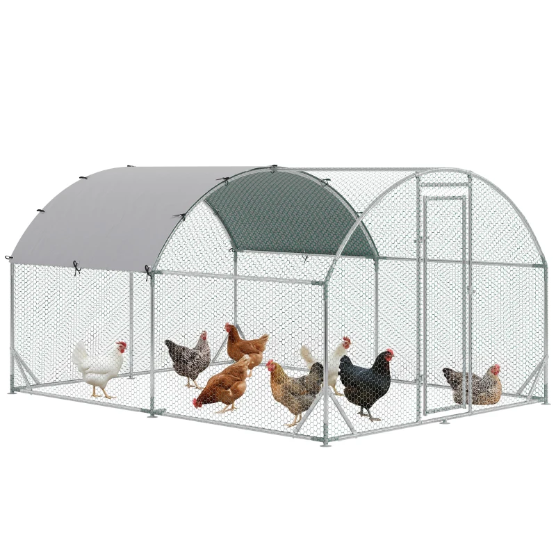 PawHut Grand enclos poulailler 10,64 ㎡ parc grillagé toit anti-UV porte verouillable 2,8 x 3,8 x 1,97 m argenté