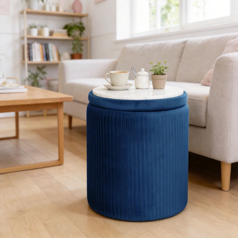 HOMCOM Storage Ottoman Modern Velvet Round Foot Stool for Living Room Bedroom 45 cm Blue