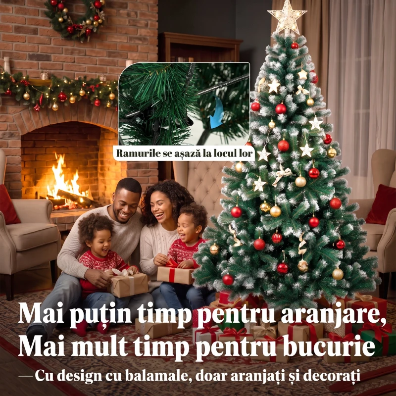 HOMCOM Brad de Crăciun cu 700 Ramuri Ignifuge, Efect Înzăpezit Realist și Bază din Oțel, 100x100x180 cm, Verde