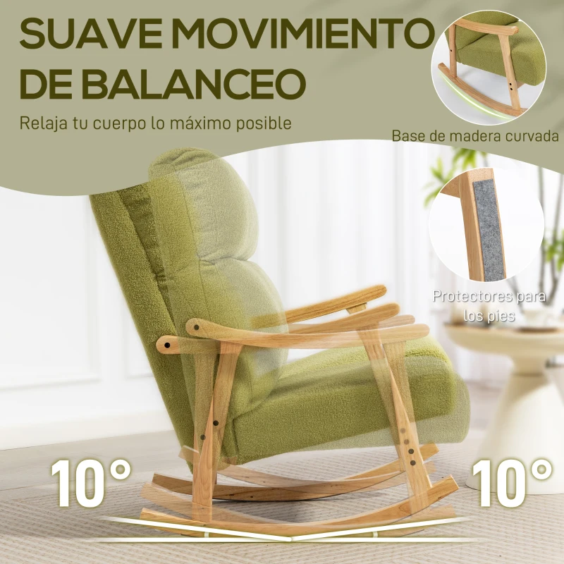 HOMCOM Silla Mecedora de Borreguito con Patas y Reposabrazos de Madera de Caucho Mecedora Carga 120 kg Verde Claro