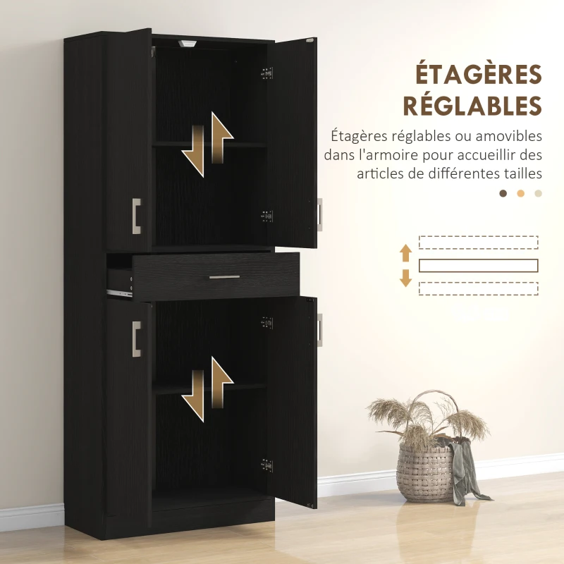 HOMCOM Buffet haut armoire de cuisine 4 portes 2 placards et 1 tiroir central hauteur 180 cm avec 2 étagères réglables noir