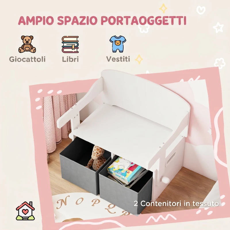 AIYAPLAY 3 in 1 Panca Porta Giochi per Bambini 3-6 Anni, Convertibile in Tavolo e Sedia con 2 Contenitori, Bianco