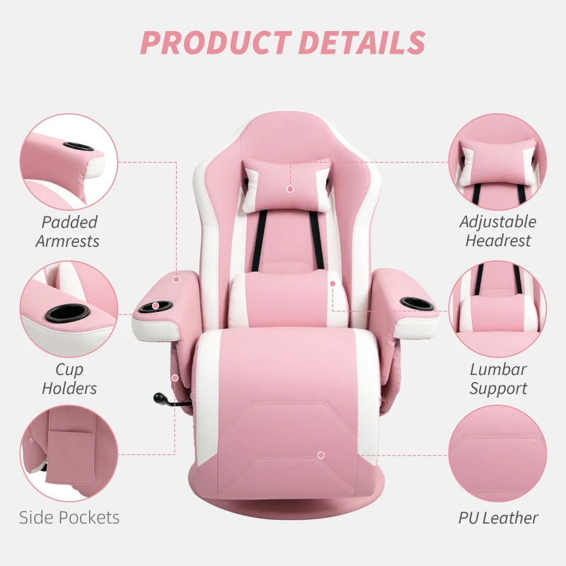 HOMCOM Manual Recliner Armchair PU Leather Lounge Chair w Adjustable Leg Rest, 135° Reclining Function, 360° Swivel, Pink