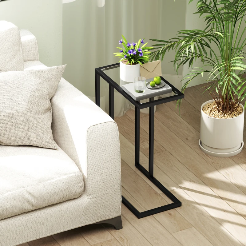 HOMCOM Table d'appoint en forme de C avec plateau en verre trempé, cadre en acier, noir