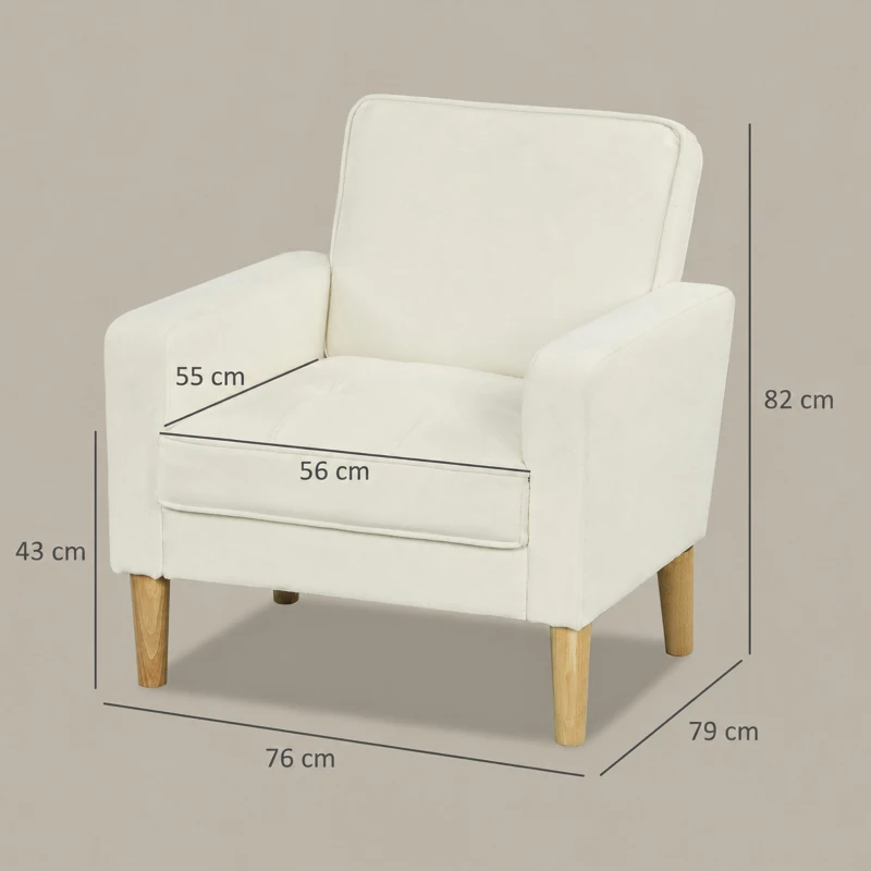 HOMCOM Fauteuil de salon en velours, canapé 1 place rembourré avec assise large, pour chambre, salon, petit espace, crème