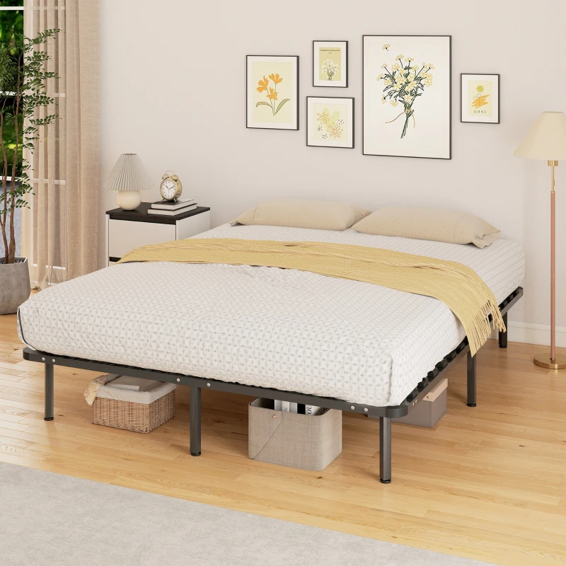HOMCOM Cadre de lit 160 x 190 cm, lit 2 personnes en bois massif avec sommier à lattes et pied, rangement au-dessous, noir