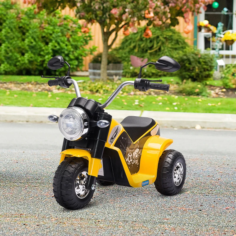 HOMCOM Moto Elettrica per Bambini a 3 Ruote con Luci e Suoni, Batteria Ricaricabile 6V, Velocità 2 km/h, per Bimbi da 18-36 Mesi, 72cmx57cmx56cm Gialla