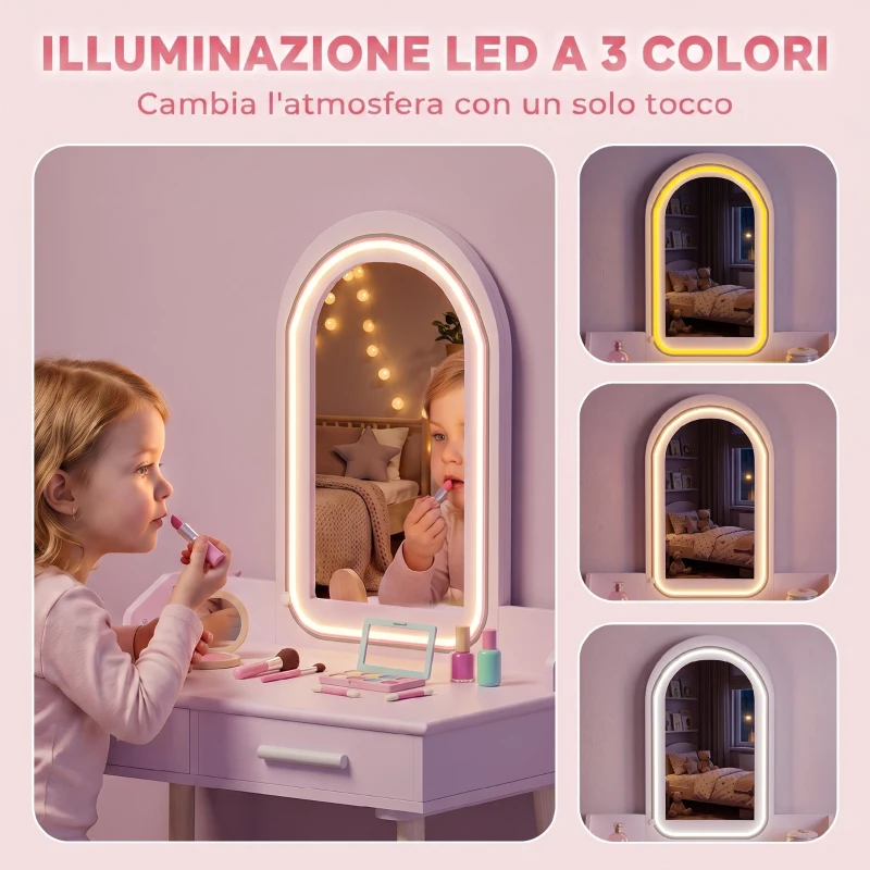 AIYAPLAY Set Toeletta Trucco Bambina con Sgabello, Specchio e LED a 3 Colori, Età 3-8 Anni, Rosa