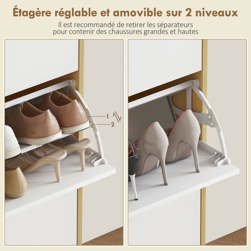 HOMCOM Meuble à chaussures, armoire à chaussures étroite, 3 tiroirs rabattables, porte haute brillante, 60x24x127cm, blanc