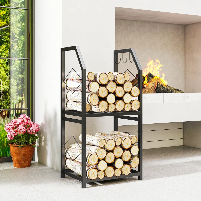 Outsunny Portalegna da Esterno e Interno a 2 Livelli con 3 Ganci Laterali in Acciaio, 41x30x81 cm, Nero