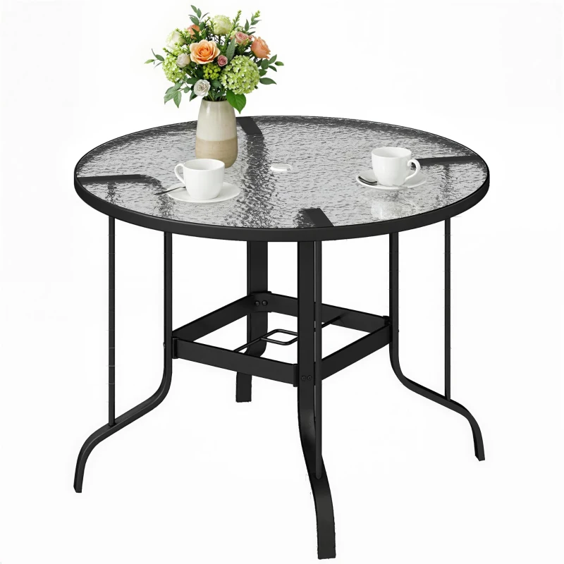 Outsunny Tempered Glass Top Round Outdoor Dining Table with Parasol Hole, 96.5 x 96.5 x 71 cm
