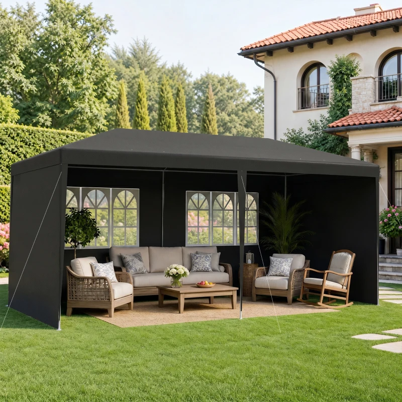 Outsunny 6 x 3 m Party Tent Gazebo - Outdoor Patio Canopy Shelter with Windows and Side Panels, Dark Grey