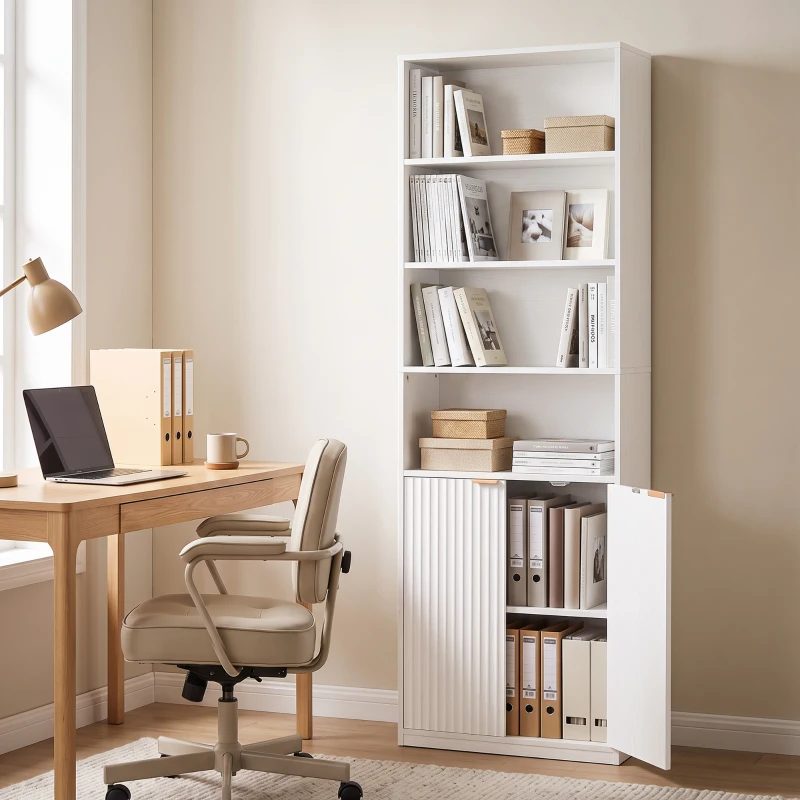 HOMCOM Librería Alta y Estrecha de 6 Niveles con 4 Compartimentos Abiertos Estante Ajustable Cierres Magnéticos Blanco