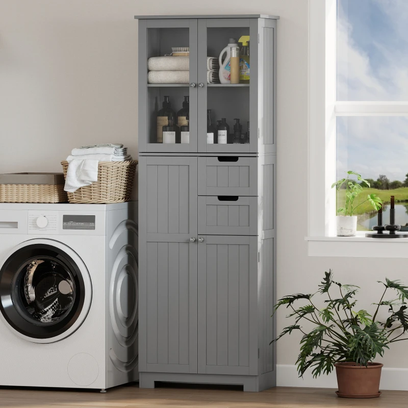 HOMCOM Meuble de salle de bain haut, meuble de rangement avec 4 portes dont 2 vitrées, 2 tiroirs et étagères réglables, gris