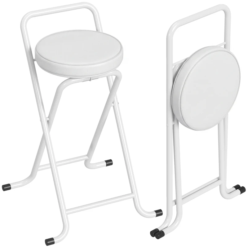HOMCOM Tabourets de Bar Pliants Lot de 2, sans Assemblage, Chaises de Bar, Assise Rembourré 63H cm, Cadre en Acier, Blanc