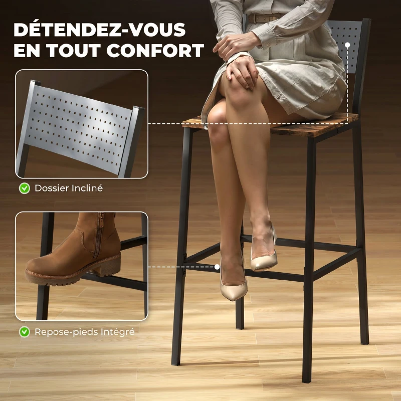 HOMCOM Lot de 2 tabourets de bar, chaises de bar, assise 72,5H cm, dossier et repose-pieds, pieds en métal, brun rustique