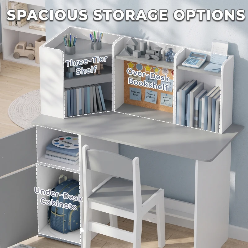 AIYAPLAY Kids Desk and Chair Set Storage Shelves Kids Desk Adjustable Tablet Stand Cork Board Pen Holder Grey