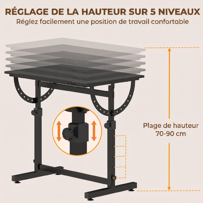 HOMCOM Table à Dessin Inclinable 0°-85°, Bureau à Dessin Réglable en Hauteur avec Rebord Antidérapant, Cadre en Acier, Noir